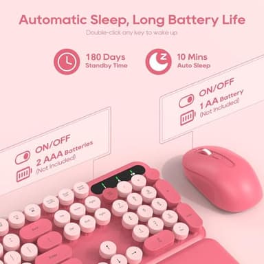 Wireless Keyboard and Mouse Combo - Round Keycaps, Full-Size Retro Typewriter Keyboard with Detachable Wrist Rest, Sleep Mode & Tilt Legs, 2.4GHz Cordless Connection for Mac/Windows/PC (Hot Pink) - Image 4