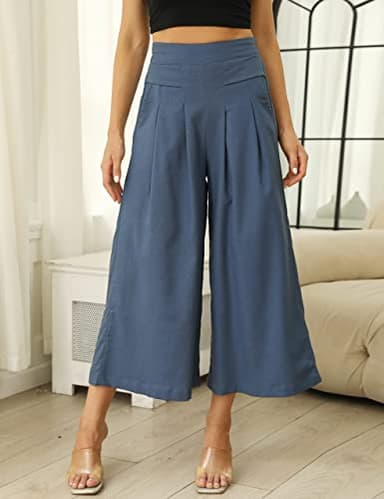 Hooever Women's Cotton Linen Culottes Pants Elastic Waist Wide Leg Palazzo Trousers Capri Pant (Blue-L) - Image 6