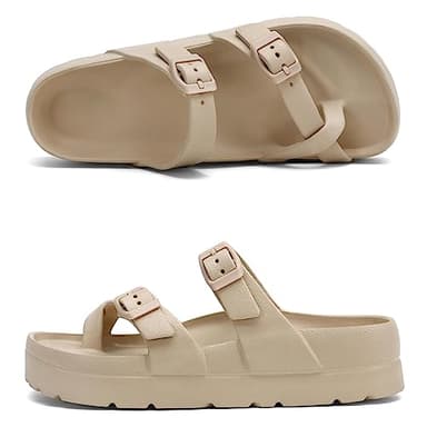 TIKVAW Womens Arch Support Platform Sandals Comfort Slides Thick Soles Flat Sandals With Adjustable Buckle & Ultra Cushion Beige Size 8-8.5 - Image 3