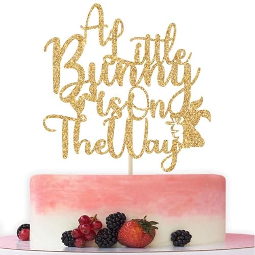 A Little Bunny is on the Way Cake Topper, Bunny Baby Shower Cake Decorations, Easter Themed Baby Shower Gender Reveal Party Decorations Gold Glitter - Image 1