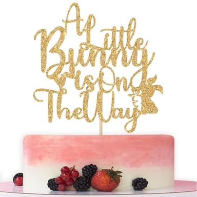 A Little Bunny is on the Way Cake Topper, Bunny Baby Shower Cake Decorations, Easter Themed Baby Shower Gender Reveal Party Decorations Gold Glitter - Image 1