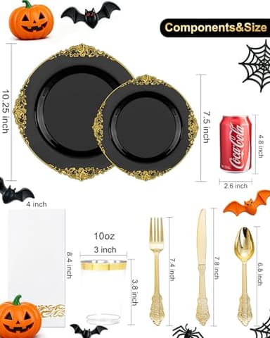 Nervure 350PCS Black Plastic Plates - Black Plastic Dinnerware Sets for 50 Guests - 100 Disposable Plates, 150 Gold Silverware, 50 Cups, 50 Napkins for Wedding & Party & Halloween - Image 3