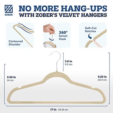 Zober Velvet Hangers 50 Pack - Ivory for Coats, Pants & Dress Clothes - Non Slip w/ 360 Degree Swivel, Holds up to 10 lbs - Strong Felt Hangers for Clothing - Image 2