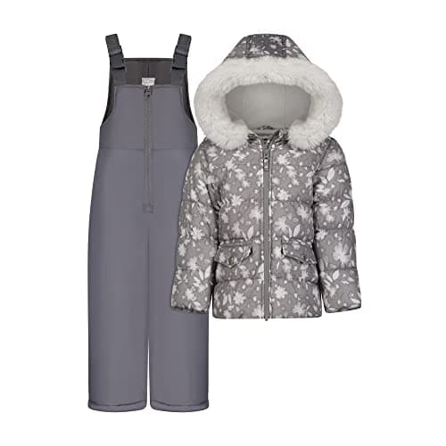 OshKosh B’gosh Baby Girl's Hooded Winter Puffer Jacket with Faux Fir Trim, Gray with Allover Pattern and Snowbib, Grey Floral, 6 Years - Image 1