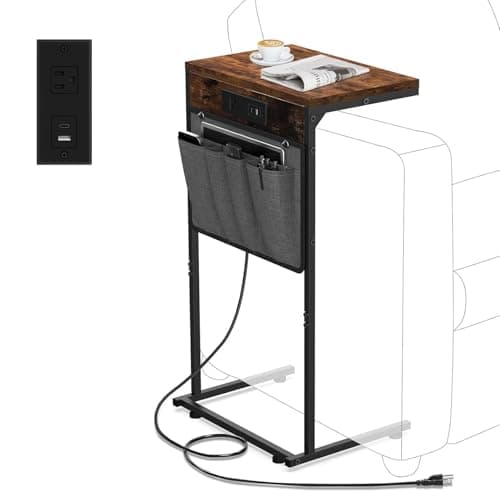 Evermagin C Shaped End Table with Charging Station, Small Side Table with Storage Bag for Couch and Recliner, Slide Under Sofa Tray for Living Room, Bedroom, Rustic Brown - Image 1