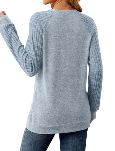 Saloogoe Womens Tops Long Sleeve Raglan Lightweight Crewneck Sweatshirts Fall Shirts 2025 Light Blue XL - Image 4