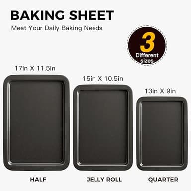 HONGBAKE Ceramic Baking Sheet Pan Set, Cookie Sheet for Oven, Bakeware Sets with Wider Grips, 3 Pack Half/Jelly Roll/Quarter Baking Tray, Premium, Dishwasher Safe - Dark Grey - Image 3