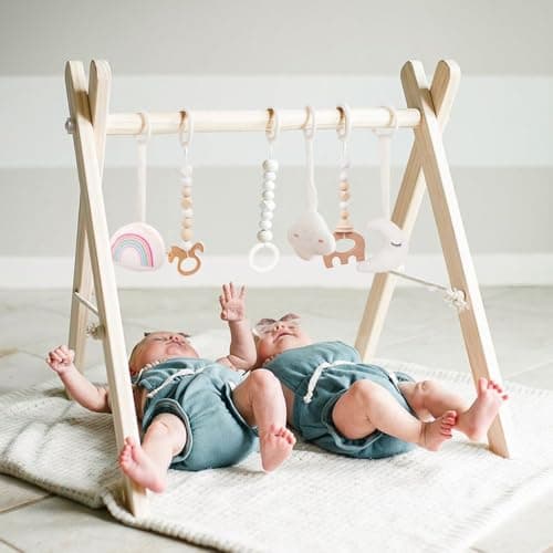 Wooden Baby Gym with 6 Gym Toys, Foldable Baby Play Gym, Natural Pine Wood Play Gym, Frame Activity Center Hanging Bar, Wooden Play Gym - Image 1