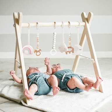 Wooden Baby Gym with 6 Gym Toys, Foldable Baby Play Gym, Natural Pine Wood Play Gym, Frame Activity Center Hanging Bar, Wooden Play Gym - Image 1