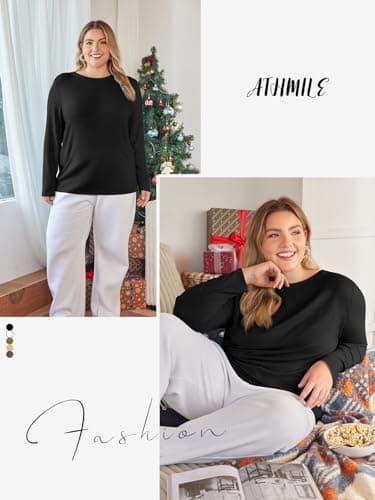 ATHMILE Womens Long Sleeve Fall Tops Cotton Dressy Casual Solid Tunic Basic Apparel Shirts Trendy Crew Neckline Simple Tops Plus Size Black - Image 4