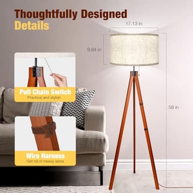 Isloys Wood Tripod Floor Lamp, 3 Color Temperatures Mid Century Modern Boho Floor Lamp, Tall Standing Lamps for Living Room Bedroom Office, Flaxen Lamp Shade with E26 Lamp Base - Image 4