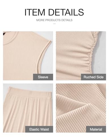 BTFBM Women Two Piece Skirt Set Summer 2025 Casual Vacation Crew Neck Short Sleeve Cropped Top Elastic Waist Midi Skirts(Beige, Large) - Image 6