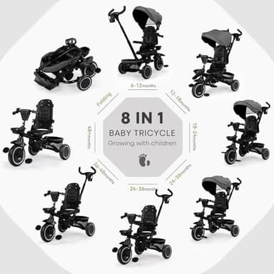 Kinder King Kids Tricycle, 8 in 1 Folding Toddler Trike w/Adjustable Push Handle, Rotatable Seat, Adjustable Canopy, Bell, Five-Point Harness, Storage, Toddler Stroller Bike for Age 6 Months+, Grey - Image 2