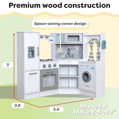 KidKraft Ultimate Corner Wooden Play Kitchen with Lights & Sounds, Play Phone and Curtains, White - Image 3