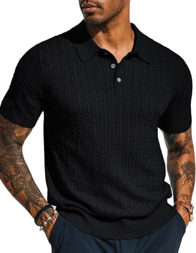 PJ PAUL JONES Mens Knit Polo Shirt Casual Short Sleeve Knit Polo Lightweight Textured Knitted Polo Black - Image 1