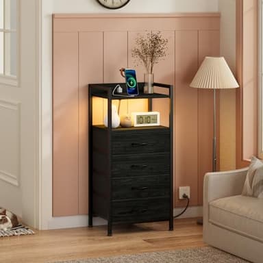 Furnulem Night Stand with Charging Station, Black Nightstand with Drawers and Led Light, Tall Dresser for Bedroom, Bedside Table with Fabric Storage Bins, Metal Frame, Wood Furniture - Image 2