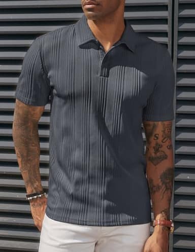 PJ PAUL JONES Mens Polo Shirts Short Sleeve Textured Golf Polo Shirts Dark Grey - Image 2