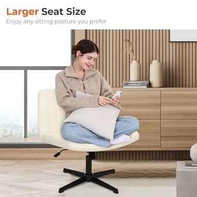NEO CHAIR Criss Cross Chair No Wheels Armless Cross Legged Office Desk Wide Comfy Vanity Makeup Chair Adjustable Computer Task for Home Office Fabric (Beige) - Image 3