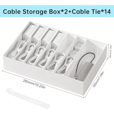 PAVSTINE 2 Pcs Large Cable Organizer Box with Wire Ties,Plastic Charger Organizer box with 8 Compartments,Stackable Cord Organizer Box for Office,Home,Desk Drawer Stationery Supplies Storage,White - Image 7