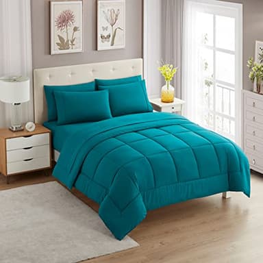 Sweet Home Collection 7 Piece Comforter Set Bag Solid Color All Season Soft Down Alternative Blanket & Luxurious Microfiber Bed Sheets, Teal, Full - Image 1