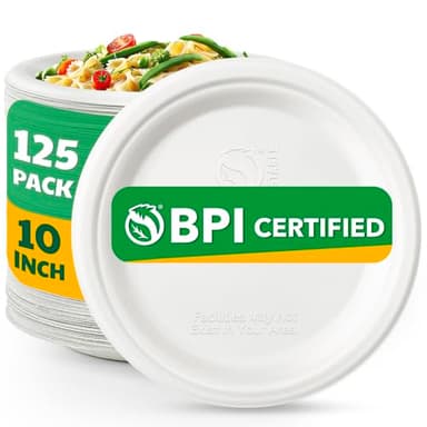 Joyborn 100% Compostable Paper Plates, 10 Inch, 125 Count, Biodegradable Bagasse Plates, Heavy Duty Disposable Plates Bulk for Party | Microwave-Safe | Soak-Resistant, Cut Resistant - Image 1