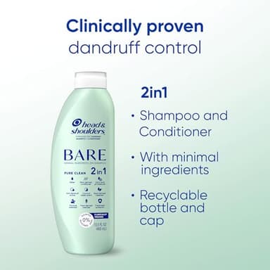 Head & Shoulders BARE 2-in-1 Dandruff Shampoo And Conditioner Twin Pack, Pure Clean, Sulfate-Free, Silicone-Free, Dye-Free, Eco-Friendly Bottles, Safe for All Hair Types, 13.5 Fl Oz Each (Set of 2) - Image 2