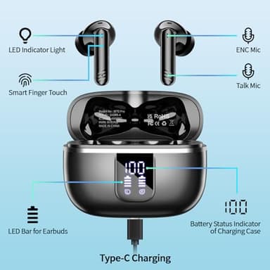 Wireless Earbuds, Bluetooth 5.4 Headphones in Ear Bass Stereo, Ear Buds with 4 ENC Noise Cancelling Mic, 38H Playtime with LED Display, IPX7 Waterproof Wireless Earphones for iOS Android, USB-C - Image 4