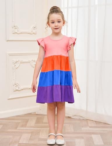 Toddler Girl Dress Summer Cotton Ruffle Short Sleeve Tiered Swing Twirly Casual Sundress Dresses for Girls Clothes Clothing with Pockets Red Color Block 4t - Image 2