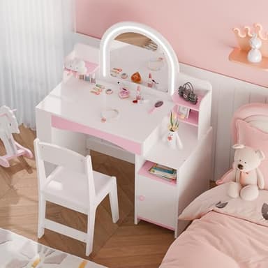 MU Kids Vanity with Lights, Princess Makeup Vanity Desk with Open Bookshelf, Storage Cabinet & Shelves, 2 in 1 Toddler Vanity Table & Chair Set with Lighted Mirror for Little Girls (White) - Image 8