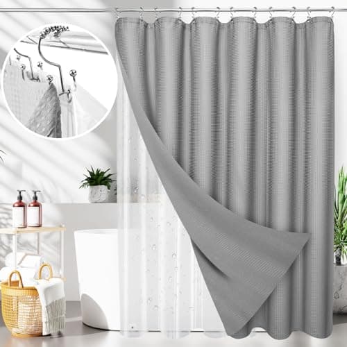 LaCyan 3 in 1 Waterproof Waffle Weave Shower Curtain and Clear Liner Set with 12 Stainless Steel Hooks Double Sided for Bathroom 72 Inches Heavy Duty Polyester Fabric Shower Curtains 72x72 - Image 1