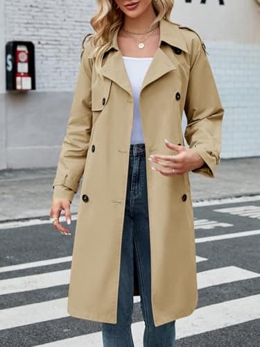 Makkrom Women's Double Breasted Long Trench Coat Windproof Classic Lapel Slim Overcoat with Belt - Image 3
