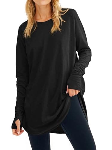 Fisoew Women's Casual Long Sleeve Tops Crew Neck Round Hem Loose T-Shirts Tunic Tops with Thumb Holes Black - Image 1