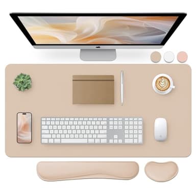 Bloss Leather Desk Pad and Keyboard Wrist Rest, Large Mouse Pad + Keyboard Pad+Mouse Wrist Support, Non-Slip Desk Mat Protector for Office, Home(31.5×15.7 Inches,Beige) - Image 1