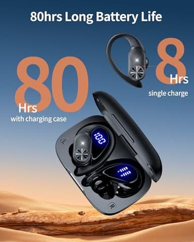PocBuds Bluetooth Headphones Wireless Earbuds 80hrs Playtime Wireless Charging Case Digital Display Sports Ear Buds with Earhook Deep Bass IPX7 Waterproof Over-Ear Earphones for TV Phone Laptop Black - Image 2
