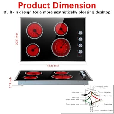30 Inch Electric Cooktop, 4 Burner Electric Stove Top with Knob Control, 6700W Stove Top Burner with Overheat Protection, Child Lock, Timer, Durable Metal Frame, Bulit-in Glass Top 220-240V Hardwired - Image 8