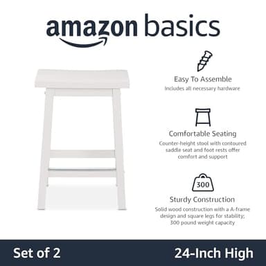 Amazon Basics Solid Wood Saddle-Seat Kitchen Counter Barstool with Footrest, Easy Assembly - 24-Inch Height - White - Set of 2 - Image 4