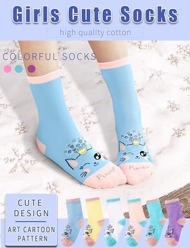 Anlisim Girls Socks Cute Animal Pattern Cartoon Novelty Fashion Soft Cotton Socks 6 pack (Big Eyed Cat, 5-8 Years) - Image 4