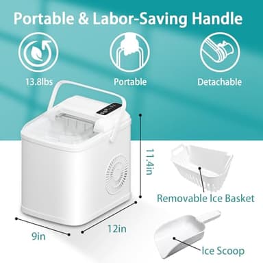 Countertop Ice Maker, 9 Cubes in 6 Mins, 26Lbs/24H, 2 Sizes of Bullet Ice, Auto-Cleaning Portable Machine with Scoop & Basket, Easy-Touch Display, Quiet Operation for Home/Kitchen/Office/Bar - Image 4