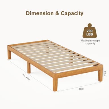 Sweetcrispy Solid Wood Bed Frame, Twin Size Bed Base with Wood Slat Support, Sturdy, Stylish & Noise-Free Design, No Box Spring Needed, Easy Assembly, 12 in Natural Pine - Image 2