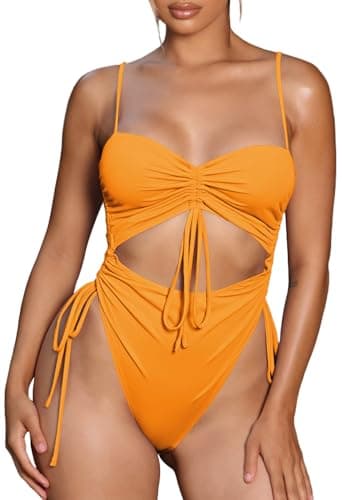 Viottiset Women's Cut Out Drawstring One Piece Swimsuit Cheeky High Cut Bathing Suit Vitality Orange Large - Image 1
