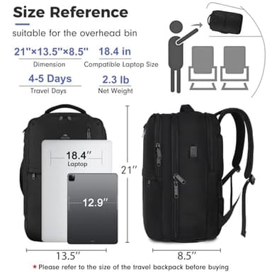 MATEIN Extra Large 45L Travel Laptop Backpack, Airline Approved Carry on Backpack with USB Port & Shoe Compartment, Water Resistant Luggage College Overnight Weekender Travel Bag Fit 18" Laptop, Black - Image 2