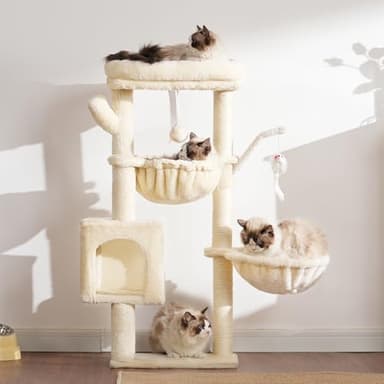 Heybly Cat Tree, 39.4 Inches Tower Condo with Scratching Post, Cat Tower for Indoor Cats, Fully Wrapped Sisal Pole, Soft Platform, 2 Baskets and Dangling Toy, Beige HCT006SM - Image 9