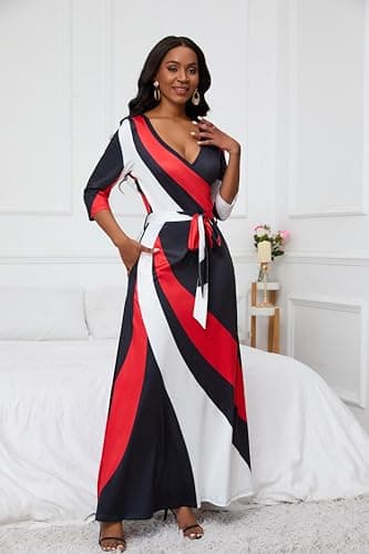 FANDEE Plus Size Maxi Dress for Women Casual Summer Sundress V-Neck 3/4 Sleeve - Image 2