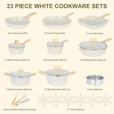 Romswi 23pcs Pots and Pans Set Non Stick, Kitchen Cookware Set with Casserole, Frying & Saucepans, Oven Safe & Stovetop Agnostic Non Toxic Cookware(Gas, Electric & Induction) - White - Image 2