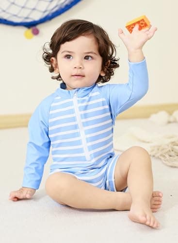 uideazone Baby Boys Long Sleeve Swimsuit Blue Striped One Piece Surfing Suits Beach Swimwear Rash Guard , 2-3T - Image 5