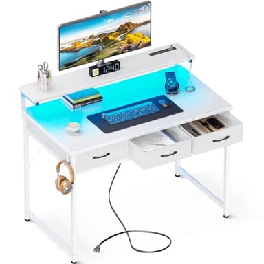 ODK 40 Inch Small Computer Desk with 3 Drawers and USB Power Outlets, Home Office Desks with LED Lights and Adjustable Monitor Stand, Work from Home, Modern Work/Writing/Study Table for Bedroom, White - Image 1
