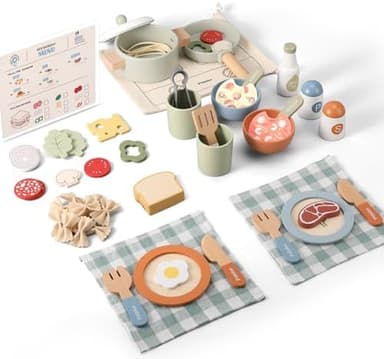 Wooden Play Cooking Set, Pretend Play Kitchen Accessories Toys Set for Kids Toddlers, Including Play Dishes, Pot and Pan, Utensils, Gifts for 3 4 5 Years Old Girls Boys - Image 3