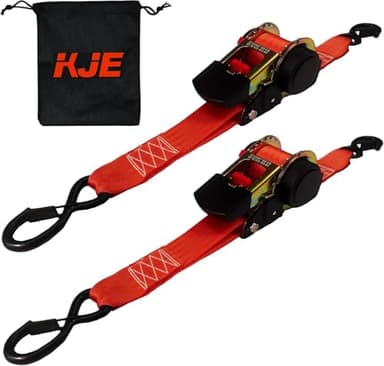 KJE Retractable Ratchet Tie Down Straps (2Pack), 2" x 10' Heavy Duty - 3,310lb Max Break Strength, Upgrade S-Hook with Clip, Self Retracting Ratchet Strap for Motorcycle, Kayak, ATVs, Boats - Image 1