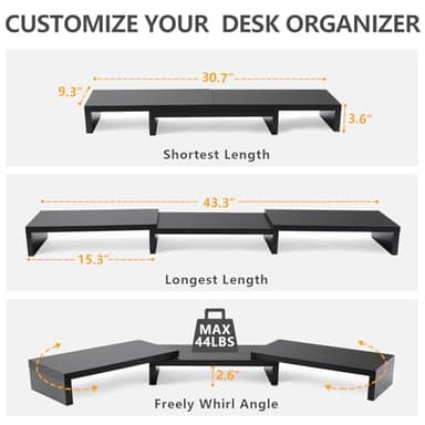 TAVR Dual Monitor Stand Riser Office Desktop Organizer Stand for 2 Monitors, Adjustable Length and Angle 3 Shelf, Extra Long Multifunctional Stand up to 43.3" fit Computer, Laptop, TV, Black - Image 3