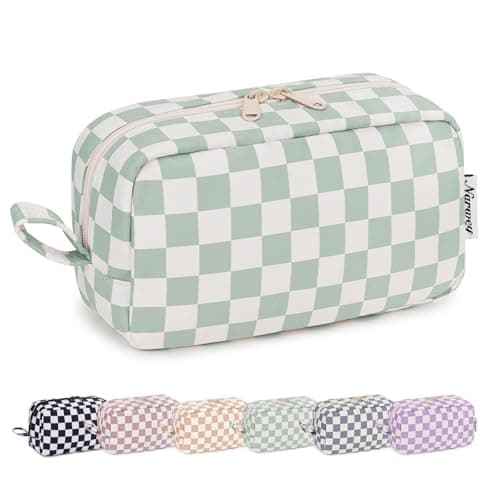 Narwey Checkered Makeup Bag Travel Cosmetic Bag Organizer Small Toiletry Bag Make Up Bags with Comparments for Women and Girls, Gift for Teen Girls (Mint Green Checkerboard, Large) - Image 1